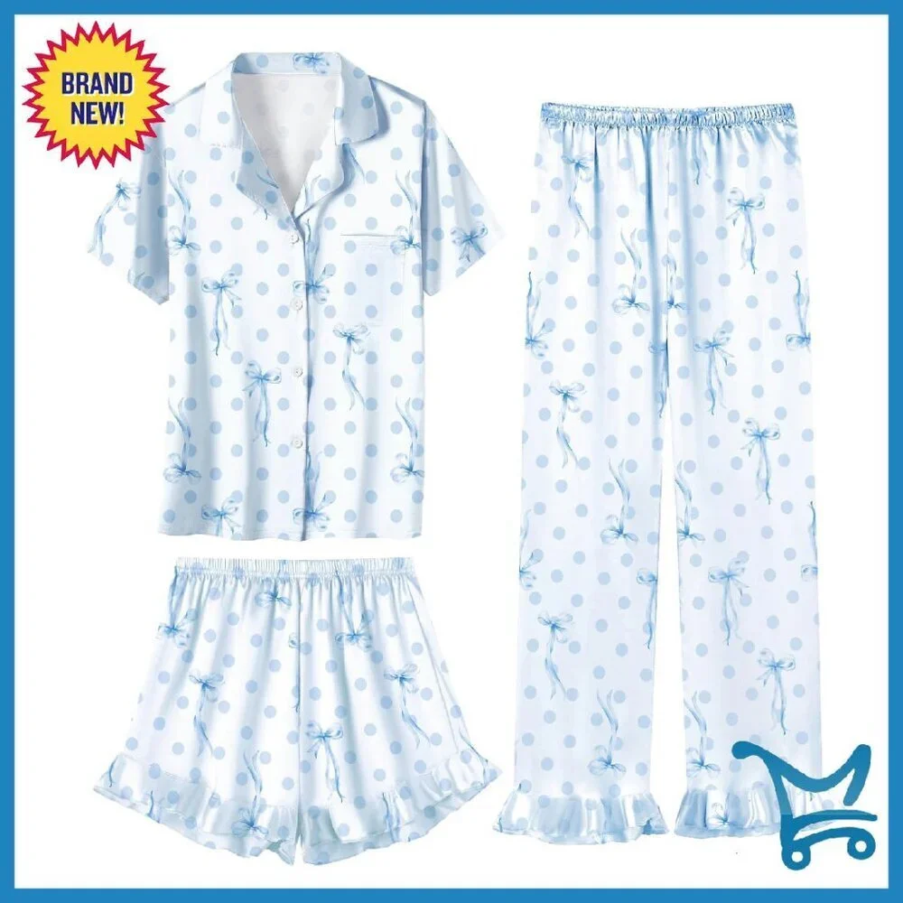 Girls Silk Satin Pajama Set 3-Piece Short Sleeve Sleepwear 5-14Y